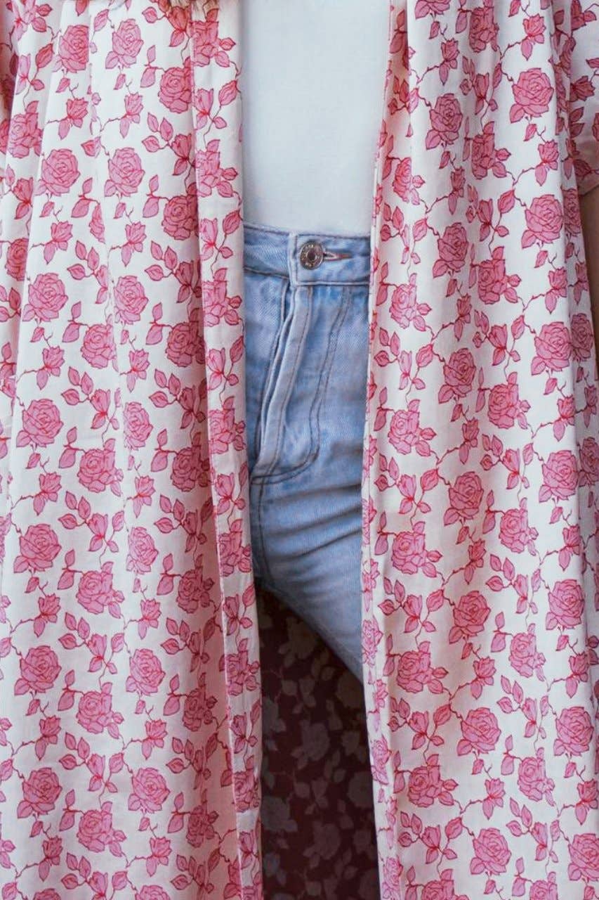 Floral Kimono Dress: Pink / One Size