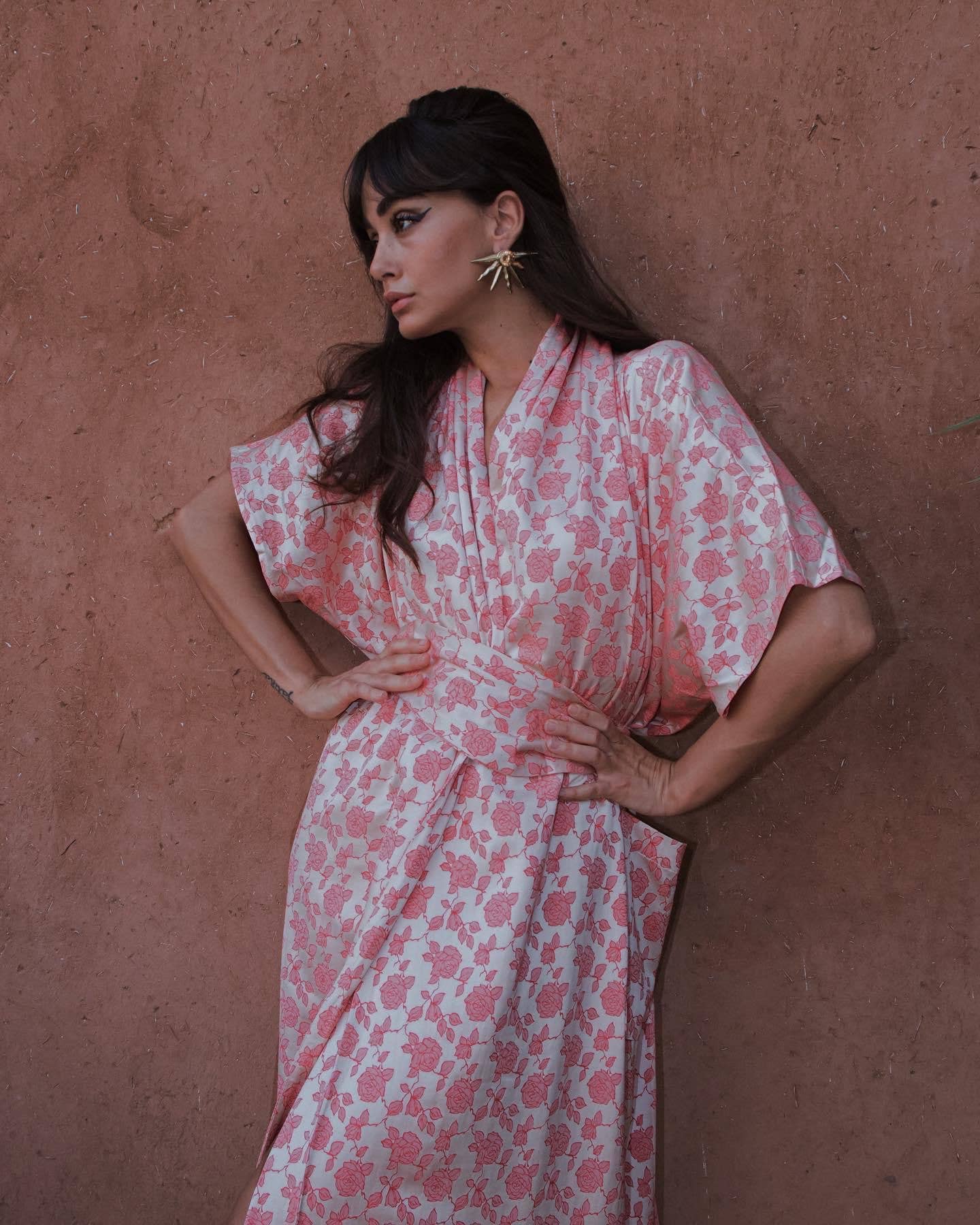 Floral Kimono Dress: Pink / One Size